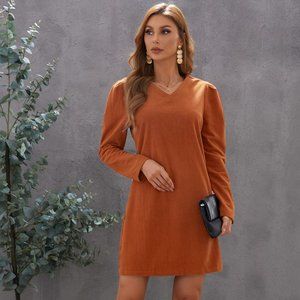 Brown Velvet Long-Sleeved Mini Dress
